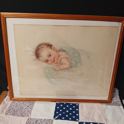 2 DOLL CHAIRS,HANDMADE BABY QUILT AND A PICTURE OF A HAPPY BABY