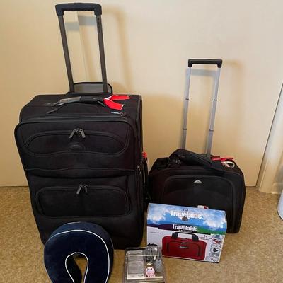 LUGGAGE, NEW TRAVEL KIT, NECK PILLOW AND TRAVEL ALARM CLOCK