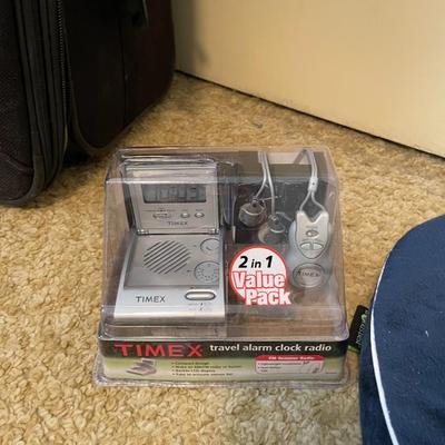 LUGGAGE, NEW TRAVEL KIT, NECK PILLOW AND TRAVEL ALARM CLOCK