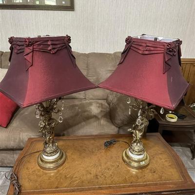 43 Pair of Crystal Drop Cherub Lamps (Bronze or Brass)