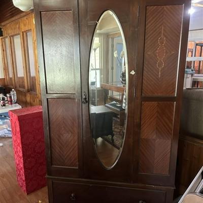 103 Antique Beveled Mirrored Inlaid Armoire