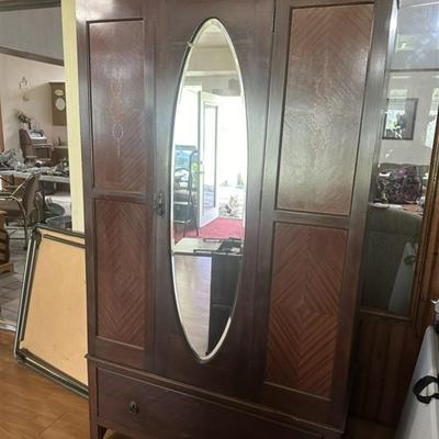 103 Antique Beveled Mirrored Inlaid Armoire