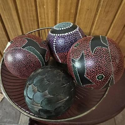 142 Lot of Four Designer Decorative Balls with Silver-plate Bowl