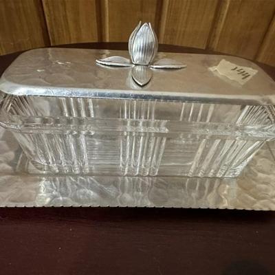 144 Vintage Hammered Aluminum/Glass Butter Dish