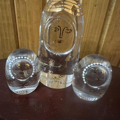 145 Lot of Three Etched Signed Casta Sweden Crystal Nesting Doll Style Figurines