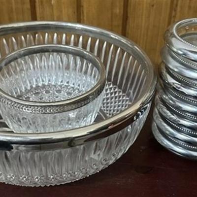 150 Two Silver Rimmed Glass Bowl and 7 Coasters