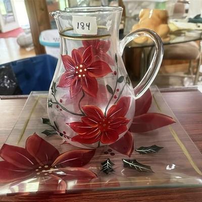 184 Hand Painted Poinsettia Pitcher with Tray