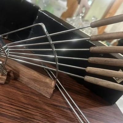 189 2 Sets of 6 Vintage Wood Handled Fondue Fork Sets with Stands w/Boxes