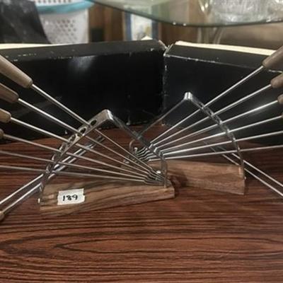 189 2 Sets of 6 Vintage Wood Handled Fondue Fork Sets with Stands w/Boxes