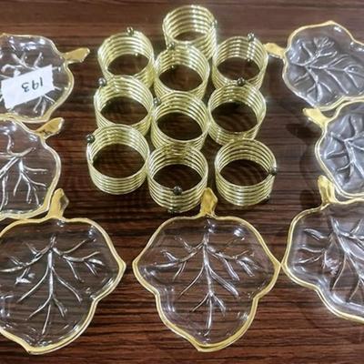 193 ~ 7 Gold Trimmed Leaf Dishes and 10 Gold Napkin Rings