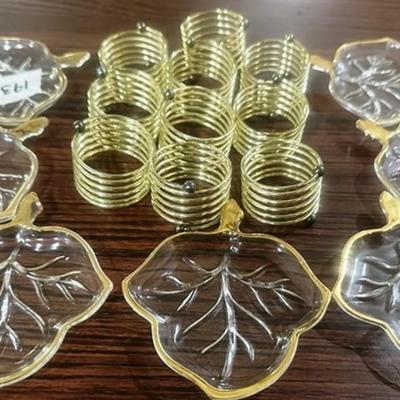 193 ~ 7 Gold Trimmed Leaf Dishes and 10 Gold Napkin Rings