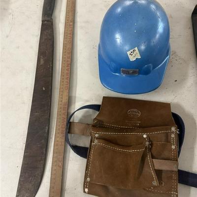 250 ~ 4 Pieces ~ Hard Hat ~ Machete ~ Leather Tool Pouch ~ Wood Yard Stick
