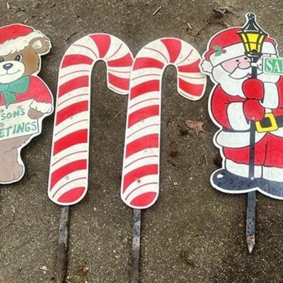 273 Lot of 4 Christmas Yard Stakes ~ 2 Candy Canes ~ Christmas Bear ~ 1 Santa Clause
