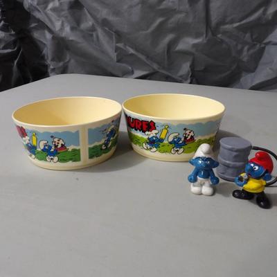 Vintage Smurf Cereal Bowls And Figurines