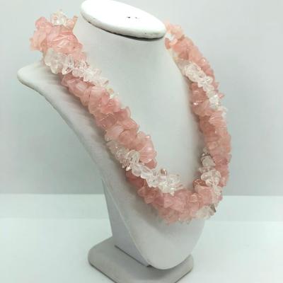LOT 12J: Rose and Clear Quartz Twisted Gemstone Choker Necklace (16