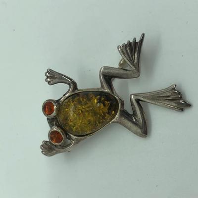 LOT 14J: 2 Vintage 925 Sterling Silver Amber Brooches - Flower & Frog