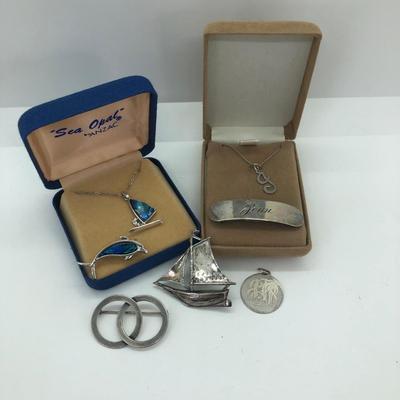 LOT 19J: Vintage Sterling Silver & More - Beau Interlocking Circle Brooch, Sail Boat, Joan Barette, J Initial Necklace & More