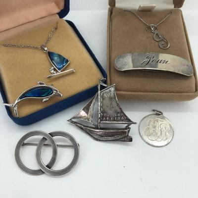 LOT 19J: Vintage Sterling Silver & More - Beau Interlocking Circle Brooch, Sail Boat, Joan Barette, J Initial Necklace & More