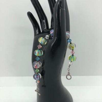 LOT 21J: Three Artisan Beaded Toggle Clasp Bracelets - Rock Crystal, Colorful Lampwork & Blue Glass / Crystal