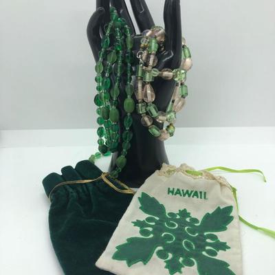 LOT 27J: Green Collection - Beaded Necklaces w/ Vintage Hawaii & Velvet Jewelry Pouches