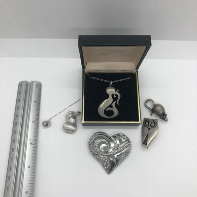 LOT 32J: Vintage Tennesmed Sweden Pewter Necklace & Brooches w/ Monet Knot Stick Pin, Trifari Pear Brooch & More