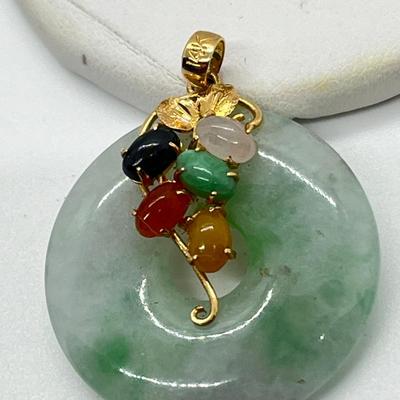 LOT 86J: 14K Gold and Jade Pendant with Multi Color Jade Cabachon Flower Accent