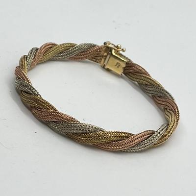 LOT 87J: 14K Italian Yellow, Rose and White Gold Woven Braided Wheat Link Mesh Bracelet and Necklace