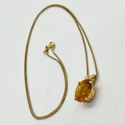 LOT 96J: Citrine and Diamond Accent Pendant Set in 14K Yellow Gold on a 14K Italian Yellow Gold Box Chain