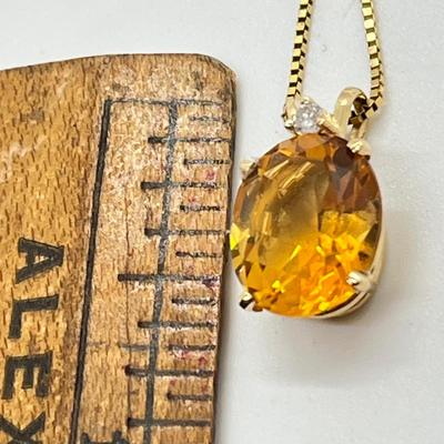 LOT 96J: Citrine and Diamond Accent Pendant Set in 14K Yellow Gold on a 14K Italian Yellow Gold Box Chain