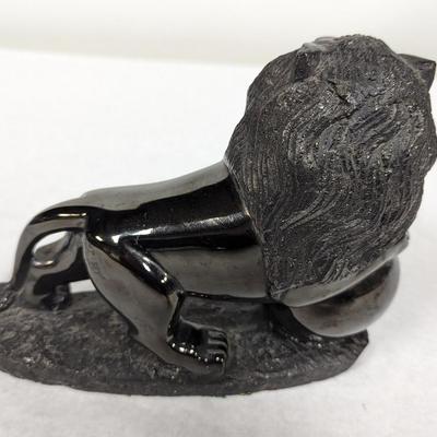 Vintage Black Obsidian Lion Figurine Kneeling On Black Obsidian Sphere