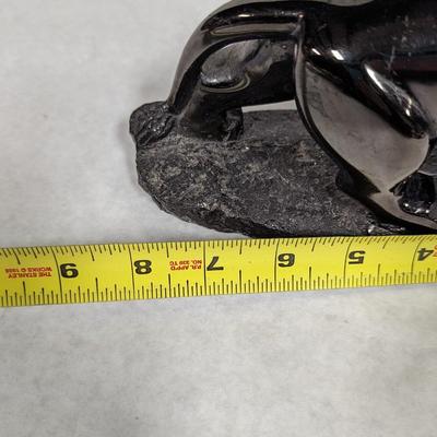 Vintage Black Obsidian Lion Figurine Kneeling On Black Obsidian Sphere