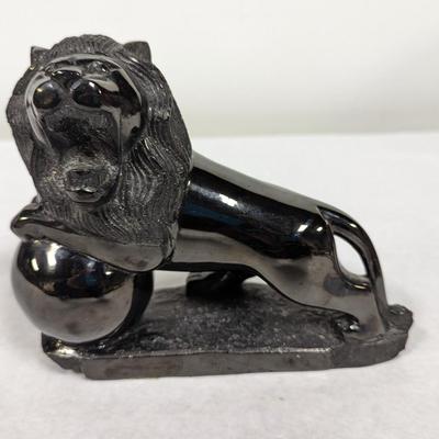 Vintage Black Obsidian Lion Figurine Kneeling On Black Obsidian Sphere