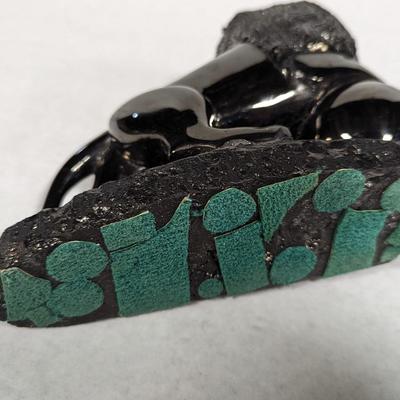 Vintage Black Obsidian Lion Figurine Kneeling On Black Obsidian Sphere