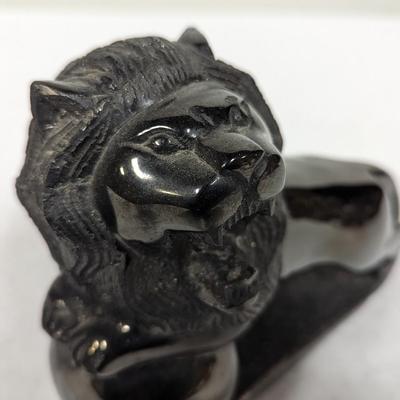 Vintage Black Obsidian Lion Figurine Kneeling On Black Obsidian Sphere