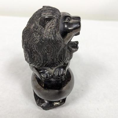 Vintage Black Obsidian Lion Figurine Kneeling On Black Obsidian Sphere