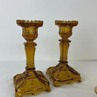 1022 Lot Of Amber Glass Glass Goblets, and Candlesticks