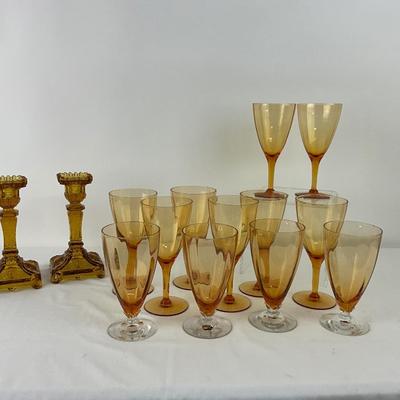 1022 Lot Of Amber Glass Glass Goblets, and Candlesticks