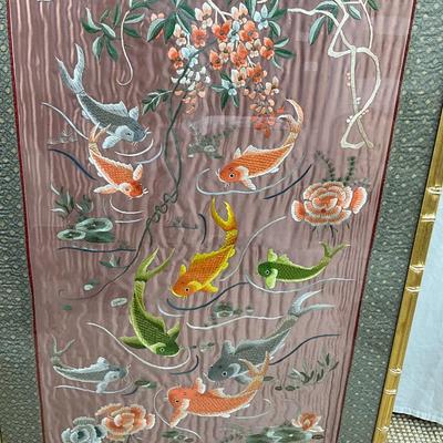 1025 Japanese Silk Koi Fish Framed Tapestry
