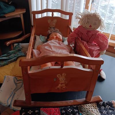VINTAGE DOLL BASSINET, DOLLS, QUILTS AND MORE