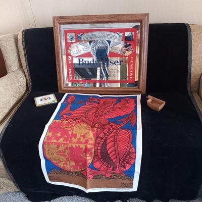 MIRRORED BUDWEISER & LINEN PICTURES, FRANKOMA ASHTRAY AND TIN