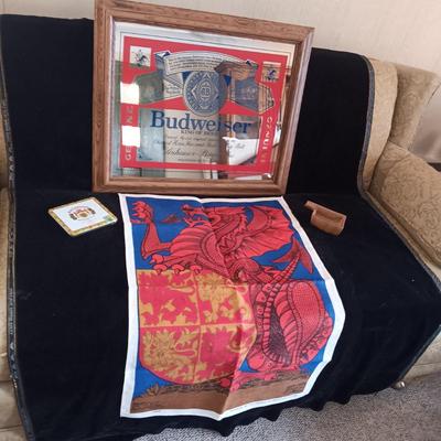 MIRRORED BUDWEISER & LINEN PICTURES, FRANKOMA ASHTRAY AND TIN