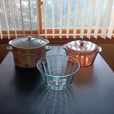 CROCK POT, LARGE BOWL AND STOCK POT
