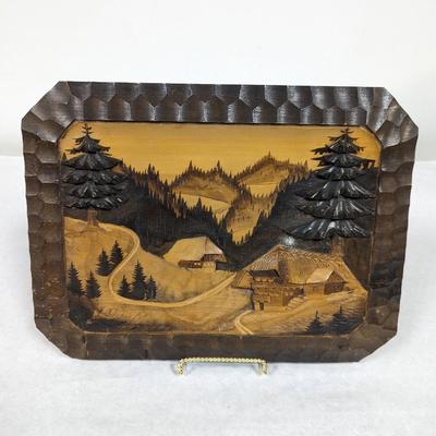 Vintage Hand Carved Low Relief Black Forest Wood Landscape Art