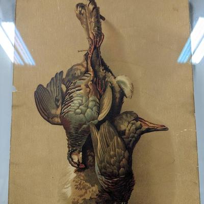 Antique 1890's Chromolithograph Hanging Game Rabbit and Pheasant Set in Clear Glass Panel with Wood Frame