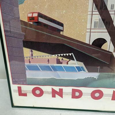 Vintage Framed London Bridge Backdrop Travel Lithograph Print Poster