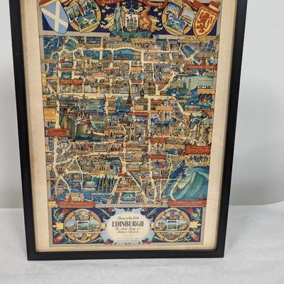 Vintage Edinburgh, Scotland Color Pictorial Map Tourist Poster Framed