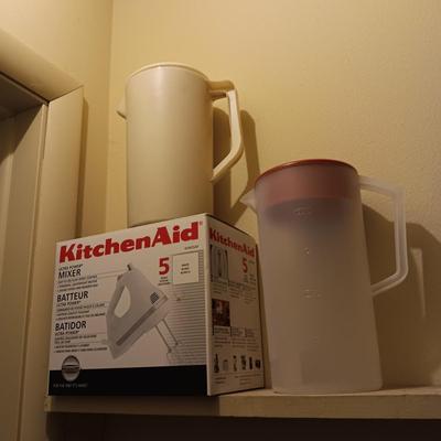 KITCHEN AID HAND MIXER AND 2 PITCHERS