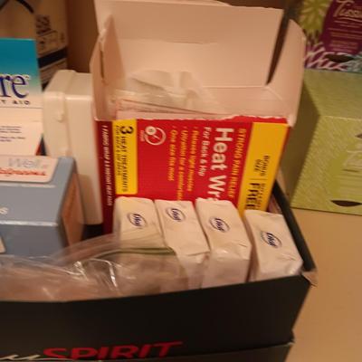 8 BOXES OF KLEENEX, WOUND CARE & TRAVEL SIZE CONTAINERS/TOILETRIES