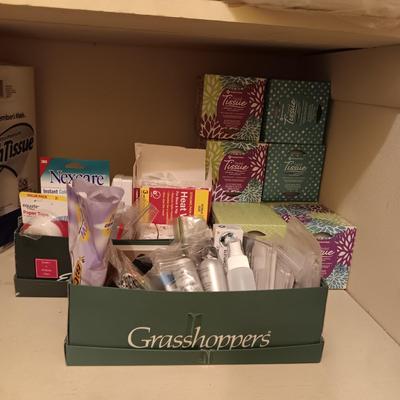 8 BOXES OF KLEENEX, WOUND CARE & TRAVEL SIZE CONTAINERS/TOILETRIES