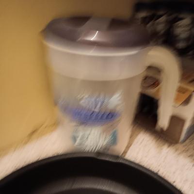 LARGE NORDIC WARE SKILLET, GLASS AND PLASTIC PITCHERS